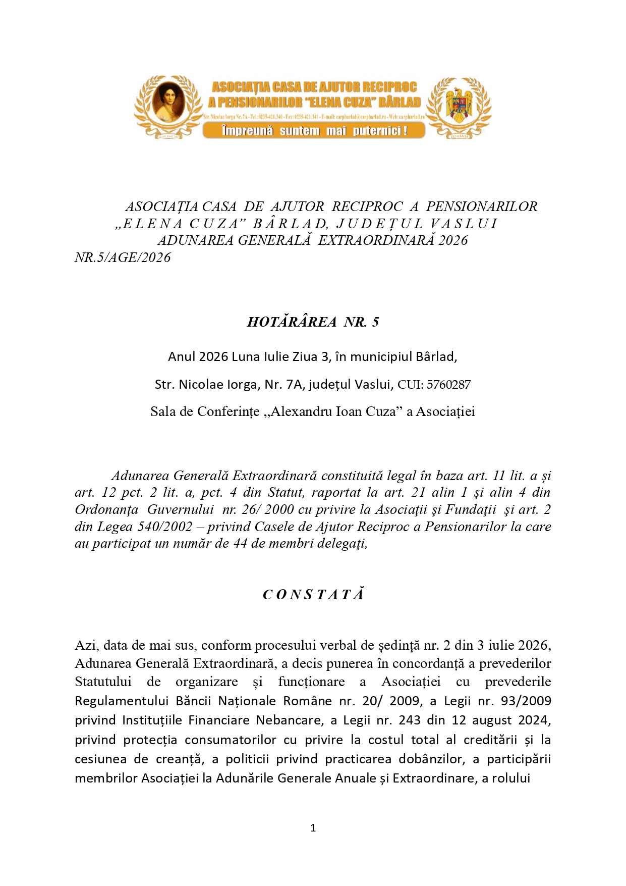 Hotărârea Nr. 5 AGE
