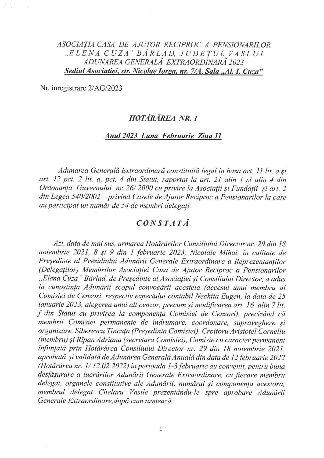 Adunarea Generală Extraordinară Adunarea Generală Extraordinară