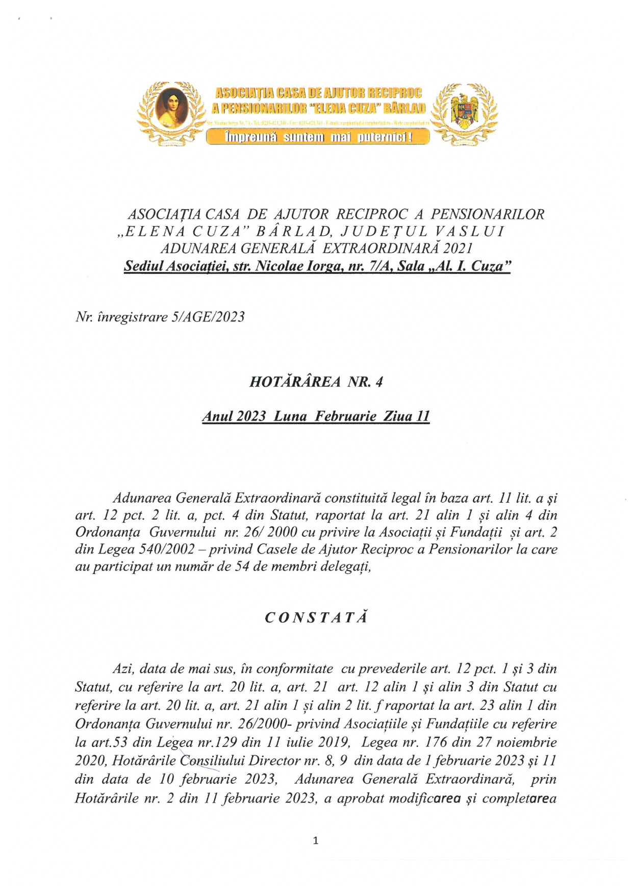 Adunarea Generală Extraordinară Adunarea Generală Extraordinară