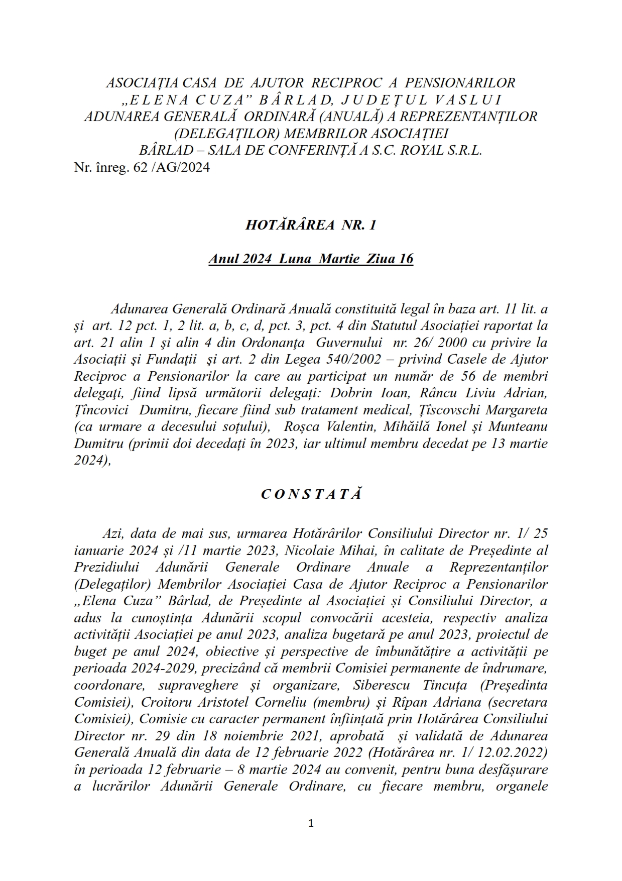 Adunarea Generala Ordinara Adunarea Generala Ordinara