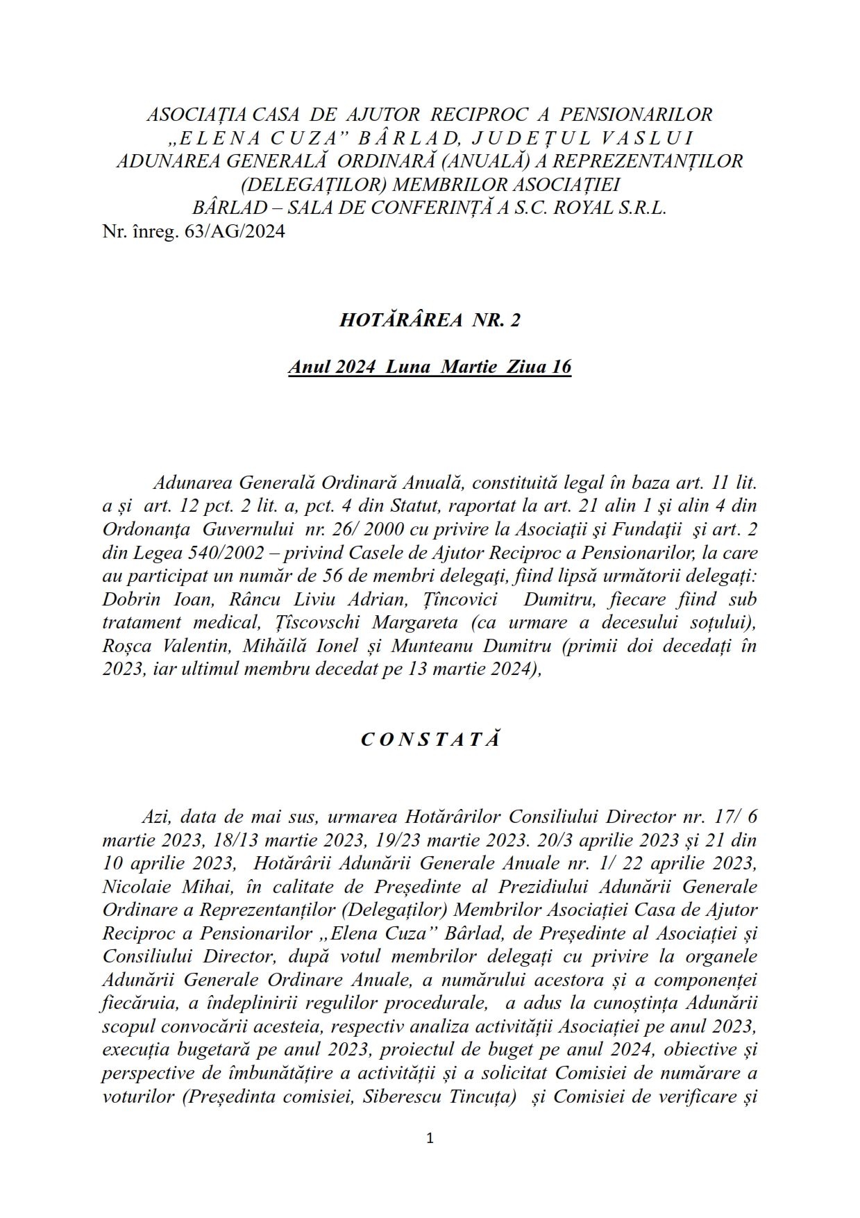 Adunarea Generala Ordinara Adunarea Generala Ordinara